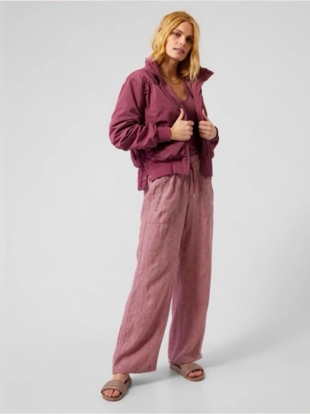 100% Linen Athleta Cabo Wide Leg Pants Tawny Orchid Rose High Rise